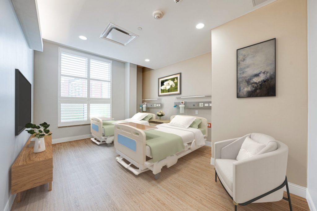 interior of hospice room with hospital beds