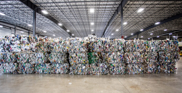 brightmark facility with stacks of recycled plastic blocks