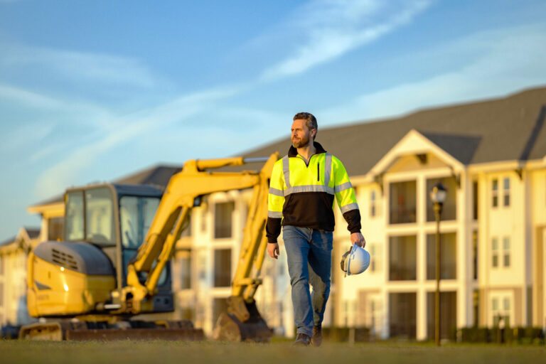 Builder on excavator. Builder worker with excavator. Builder in helmet. Worker in hardhat. Portrait mechanical worker in construction helmet. Engineer builder foreman or repairman.