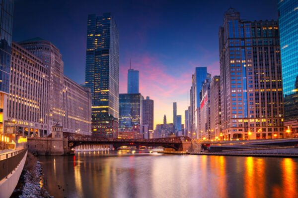 Chicago, Illinois, USA. Cityscape image of Chicago skyline at beautiful spring sunrise.